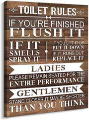 Bathroom Canvas Wall Art Rustic Funny Toilet Rules Prints Signs Framed Wood Back