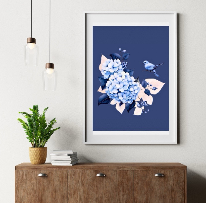 Blue Bird & Flowers Poster – Elegant Wall Art – Nature Décor – 11in x 14in