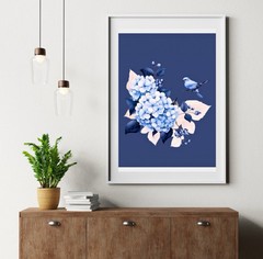 Blue Bird & Flowers Poster – Elegant Wall Art – Nature Décor – 11in x 14in
