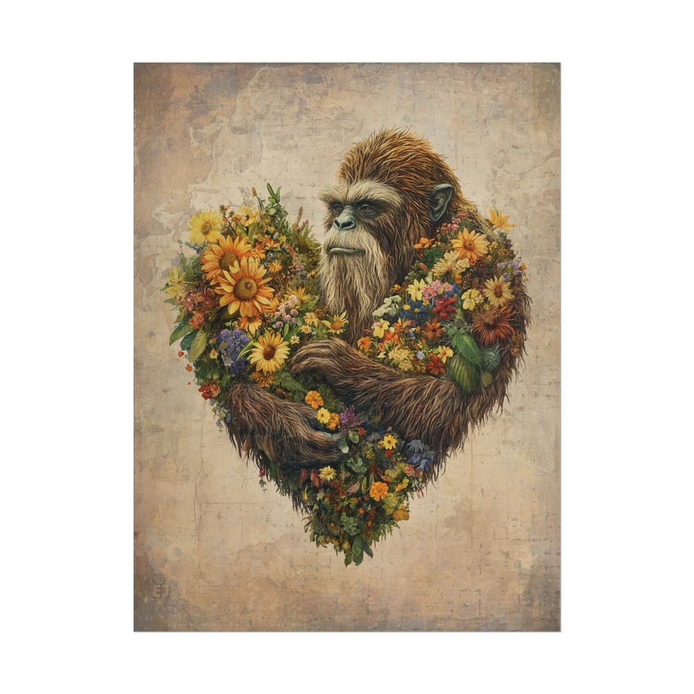 Vintage BIGFOOT HEART Wall Art, SASQUATCH Botanical Decor, Cryptid Flower Poster