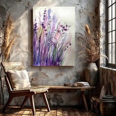 Wall Art Purple Lavender Flowers Watercolor Painting Floral Botanical Decor