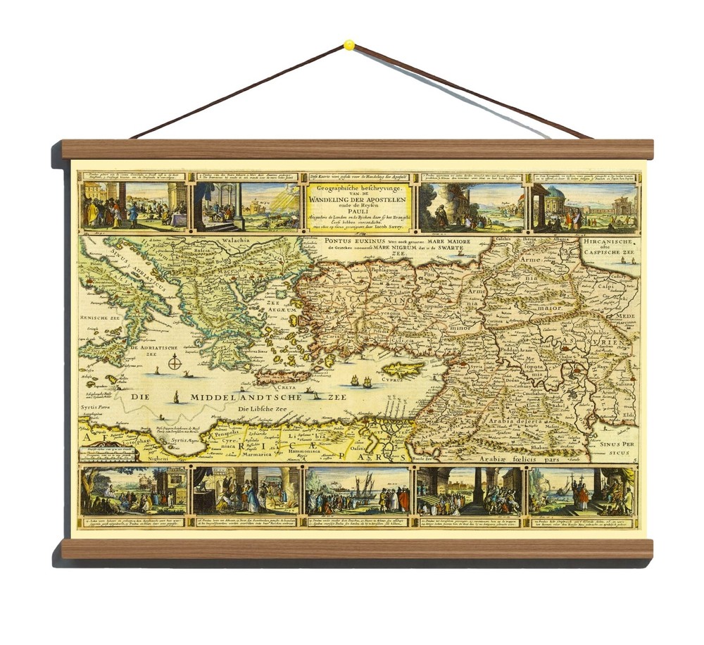 Ancient Old 1648 Decorative Bible Map; 100% Cotton Canvas Magnetic Wooden Hanger
