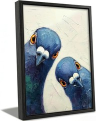 Framed Whimsical Pigeon Wall Art, Blue Birds Oil Painting Canvas Prints, Funn…