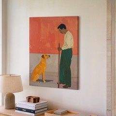 Canvas Wall Art a Minimalistic Modern Painting Showing a Man and a Dog Against