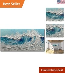 Hand-Painted 3D Ocean Wave Canvas Art – 24×48 inches, Blue & White Beauty