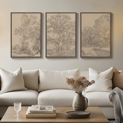 Framed Vintage Tree Sketch Set of 3 Wall Art for Bedroom, Neutral Landscape Anti