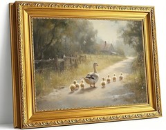 Vintage Gold Framed Duck Flock Canvas Wall Art, Cute Mother Duck With Ducklin…