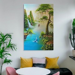 Art Poster Boat Trees Cranes Room Unframed Indoor Canvas Art 12×18 Inch 1-Piece