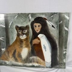 SIGNED Native American Girl And Lion Nature Painting On Ceramic Tile 16×12 in