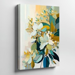 Abstract Modern Floral Canvas Wall Art Blue White Yellow Green Botanical Leaves