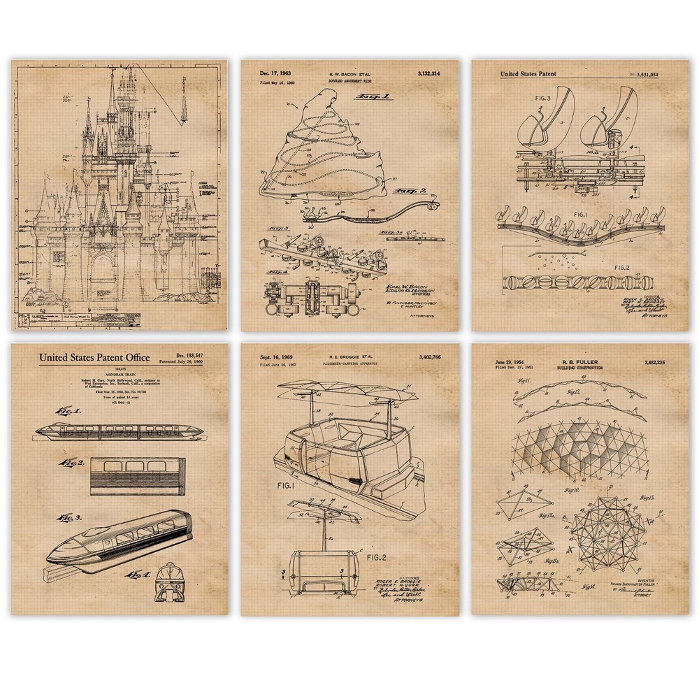 Classic Theme Park Rides V22 Patent Prints, 6 (8×10) for Home Work Disney Office