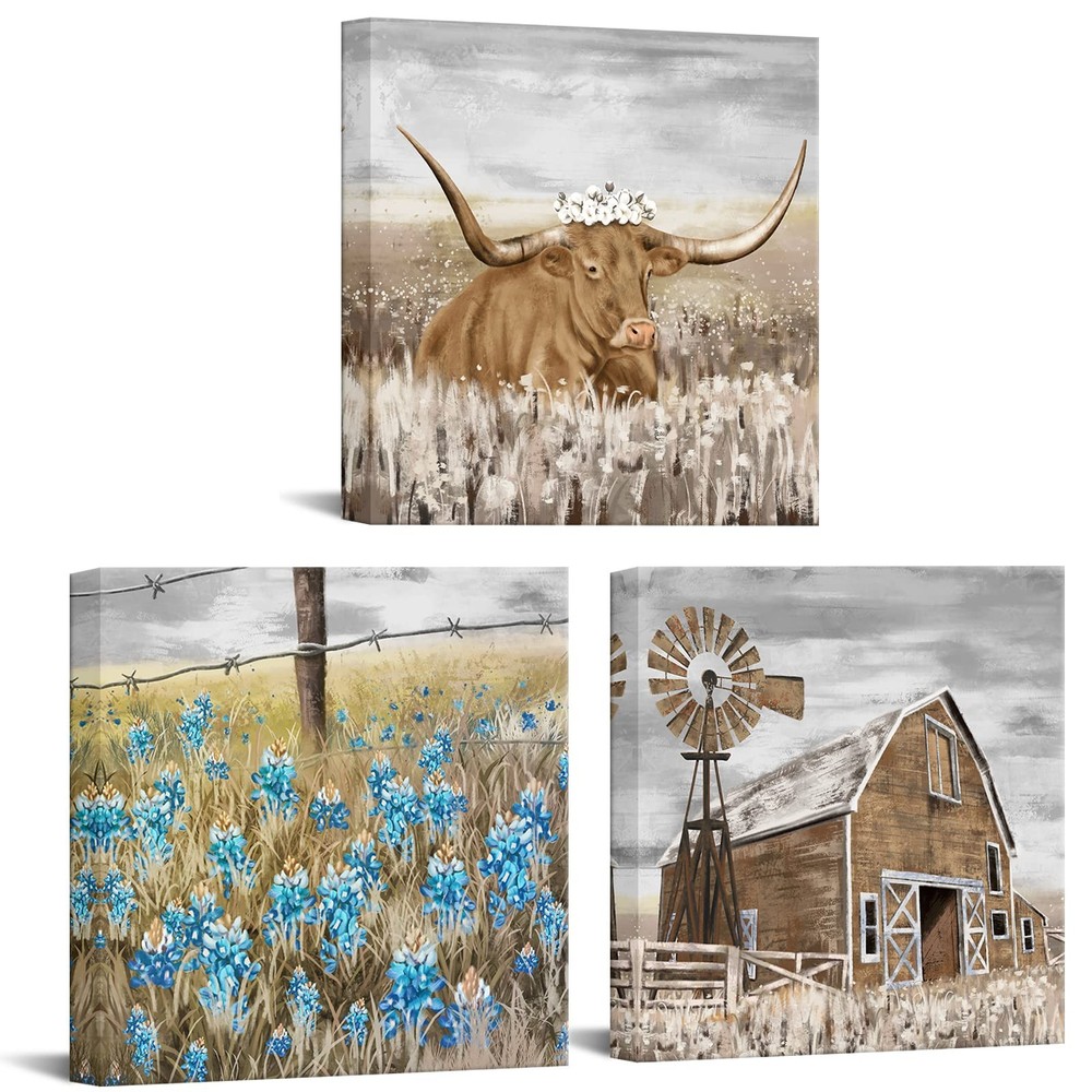 Farmhouse Canvas Art Farm Landscape Wall Art Longhorn Barn Texas Bluebonnet P…