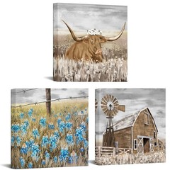 Farmhouse Canvas Art Farm Landscape Wall Art Longhorn Barn Texas Bluebonnet P…