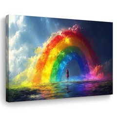 Girl Standing Under Giant Rainbow Dreamy Cloud Canvas, Fantasy Kids Room Wall