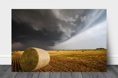 Golden Round Hay Bale Under Thunderstorm in Kansas Metal Print (Ready to Hang)