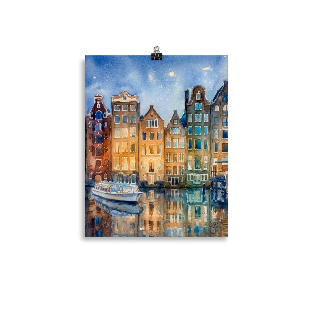 Canals of Amsterdam Cityscape Watercolor Painting Print
