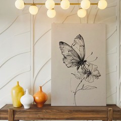 Canvas Wall Art a Delicate Black Ink Sketch of a Butterfly Perched on a Flower