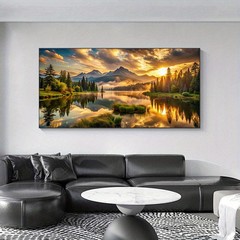 Golden Sunrise Mountains With Reflecting Water Canvas Painting Wall Art Picture