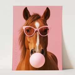 Horse with Sunglasses Blowing Pink Bubble Gum Retro Wall Art Poster Print