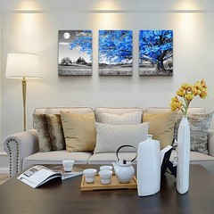 Wall Art For Living Room black and white Blue tree moon Canvas Wall Decor for…