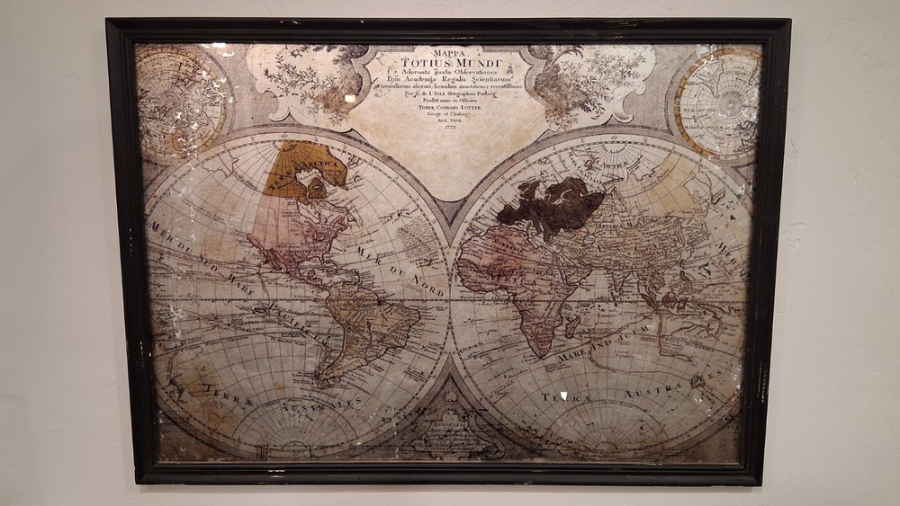 18th Century Mirrored Glass Map «MAPPA TOTIUS MUNDI». FRAMED / Distressed Wood.