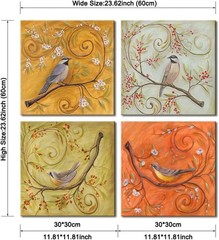 4 Birds on Blooming Trees Animal Floral Canvas Prints Oil Paintings Style Lan…