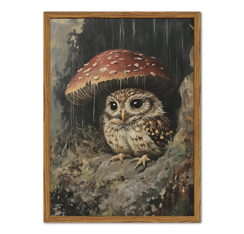 Framed Vintage Owl Canvas Wall Art, Cute Bird Mushroom Pictures Wall Decor, C…