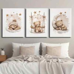 3pcs Neutral Bear Cute Animal Moon and Star Wall Art Canvas Unframed/Framed