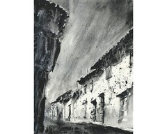 Peruvian architecture in Sacred Valley, Peru. Black white watercolor (print)