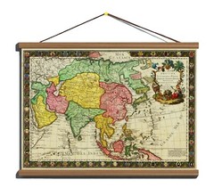 Old 1732 French Decorative Map of Asia 100% Cotton Canvas Magnetic Wooden Hanger