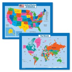 2 Pack – Laminated World Map & US Map Poster Set – Wall Chart Map of the World