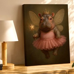 Wall Art Cute Fairy Hippo Princess Print Pink Tutu Crown Whimsical Animal Decor