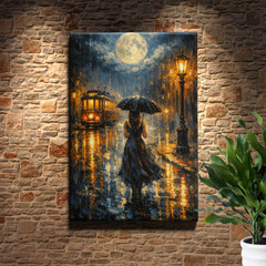 Woman with umbrella in rainy city night Canvas Print, impasto oil style