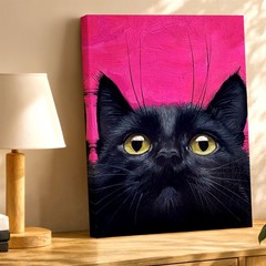 Wall Art Black Cat Portrait Print Pink Background Animal Canvas Home Decor Room