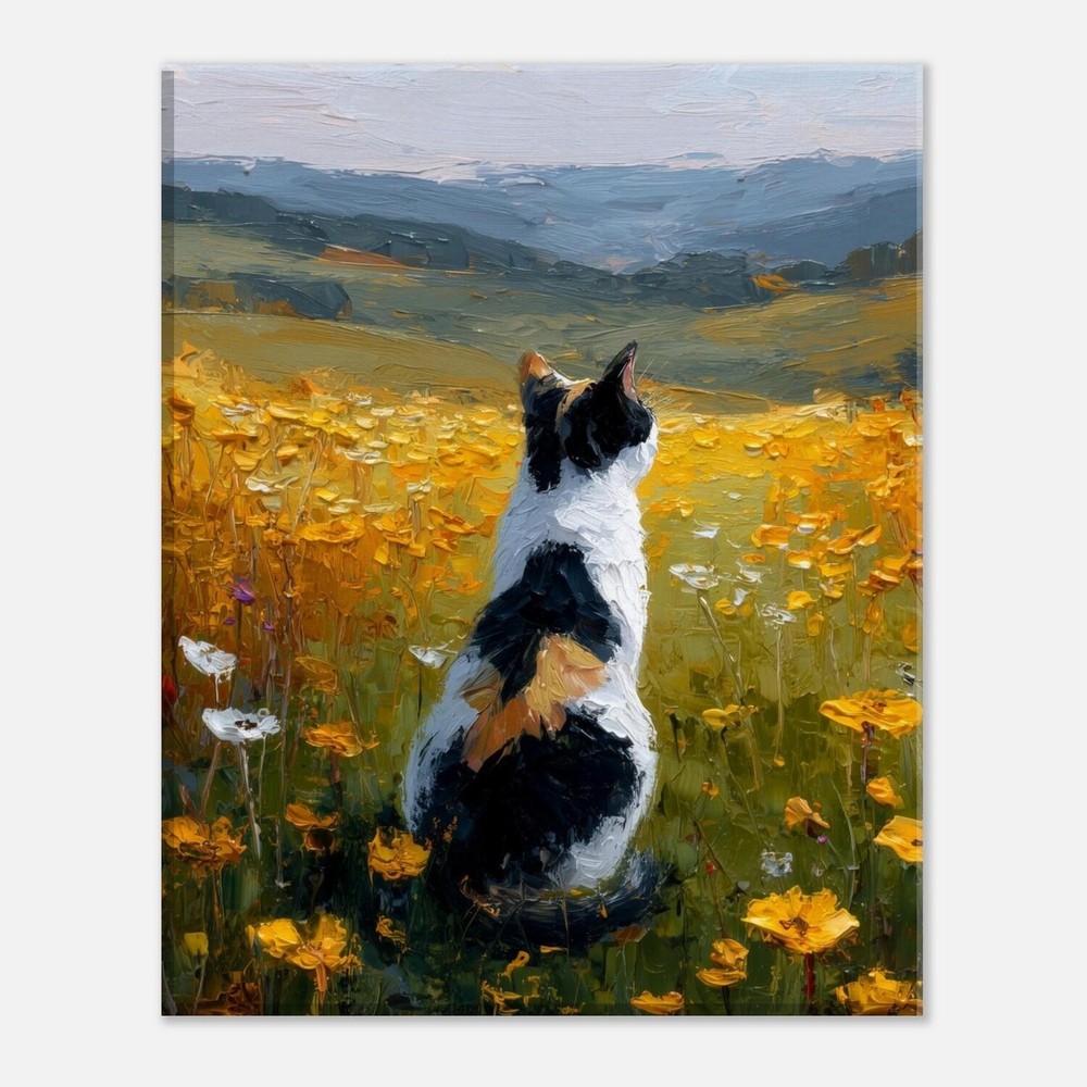 Calico Cat Canvas Wall Art, Rustic Wildflower Oil Painting Decor