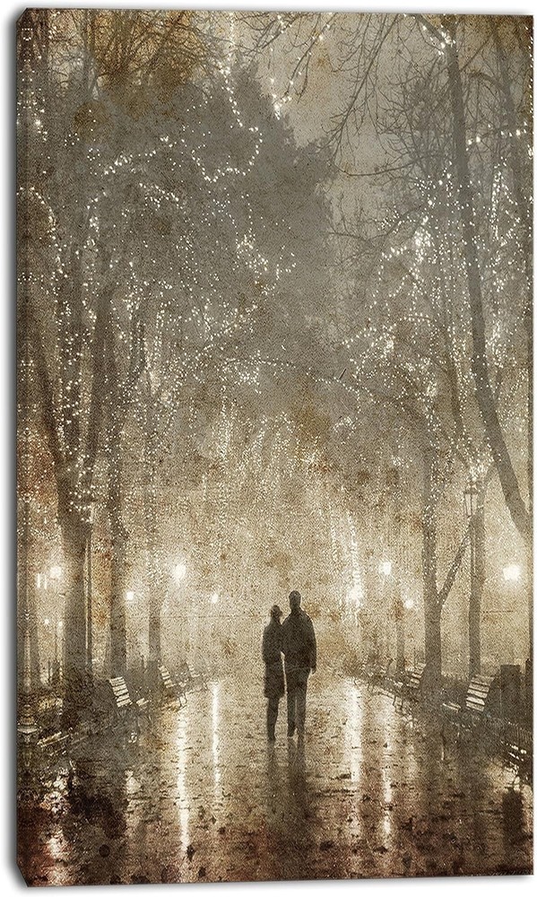 Designart – Couple Walking in Night – Lights Landscape Wall Art – 16×32