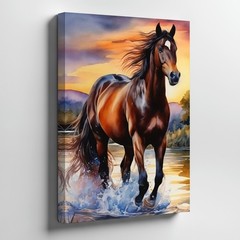 Brown Horse Running Through Water Canvas Wall Art Painting For Home Decor Print