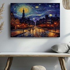 Cityscape Night Sky Canvas Wall Art Urban Street Lights Reflection Decor Print