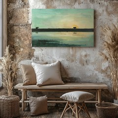 Elephant Sunrise Reflection Canvasminimalist Wildlife Landscape Art Wall Art