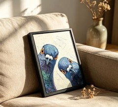 Framed Whimsical Pigeon Wall Art, Blue Birds Oil Painting Canvas Prints, Funn…