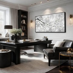 Large 29″x58″ White Black and Gold Plum Blossom Canvas Black Frame Wall Art M…