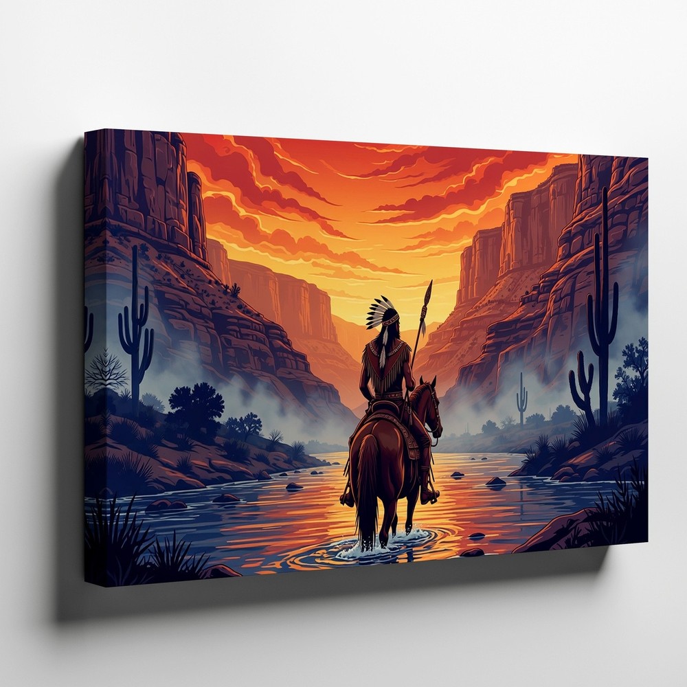 Native American Warrior on Horseback Canvas Wall Art Desert Sunset Print Decor