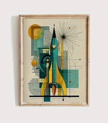Canvas Wall Art MID-CENTURY ATOMIC ROCKET Geometric Retro 2 Sizes 770