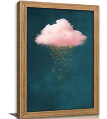 Framed 3D Textured Modern Minimalist Abstract Cloud Wall Art Golden Rain Canv…