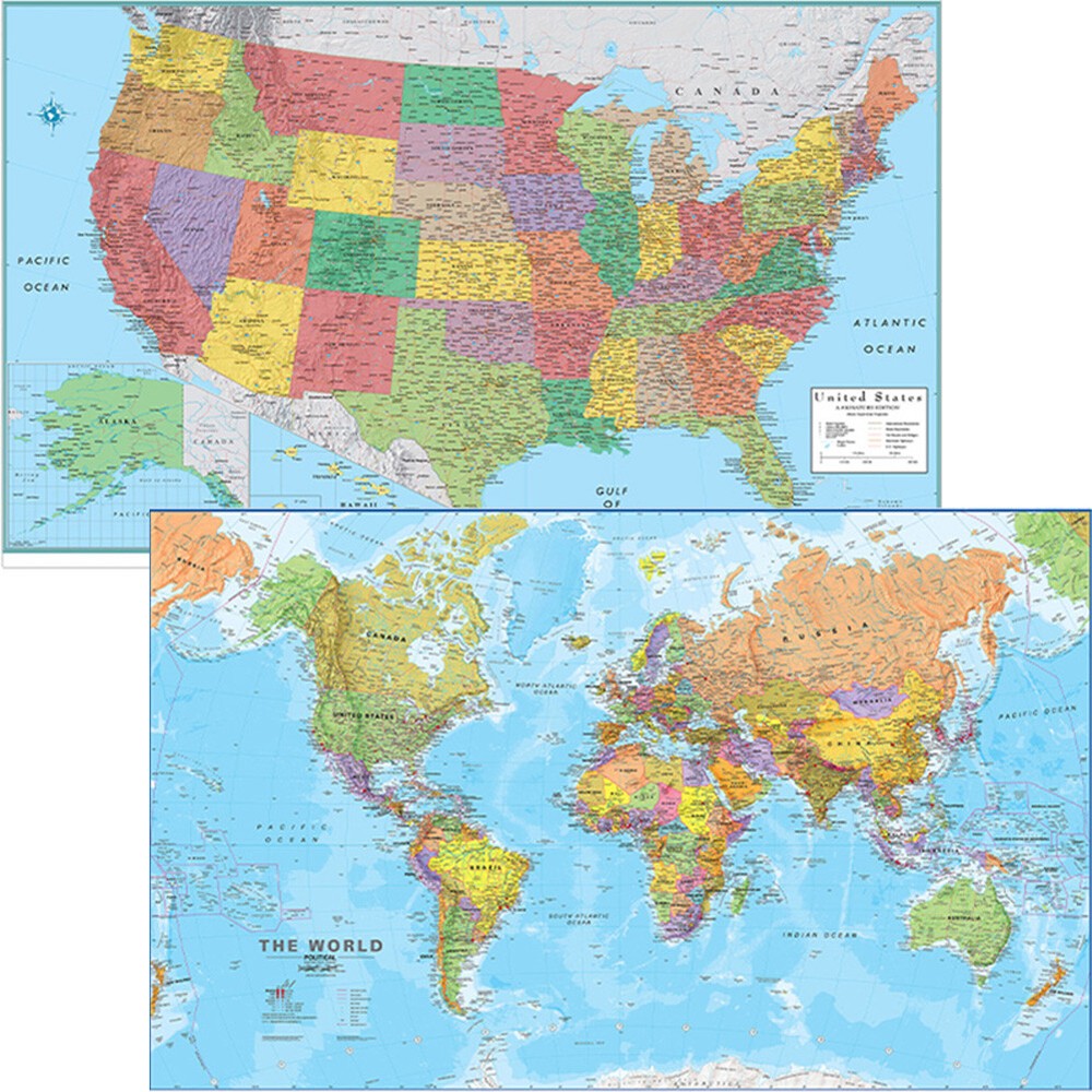2 Pack World Map & US Map 29″x18″ USA Political Educational Poster Wall Chart