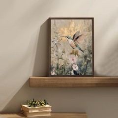 Vintage Floral Framed Wall Art, Hummingbird Gold Foil Style Canvas Prints for…
