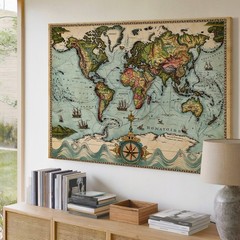 Vintage-style World Map Featuring North And South America, Illustrated Wall Art