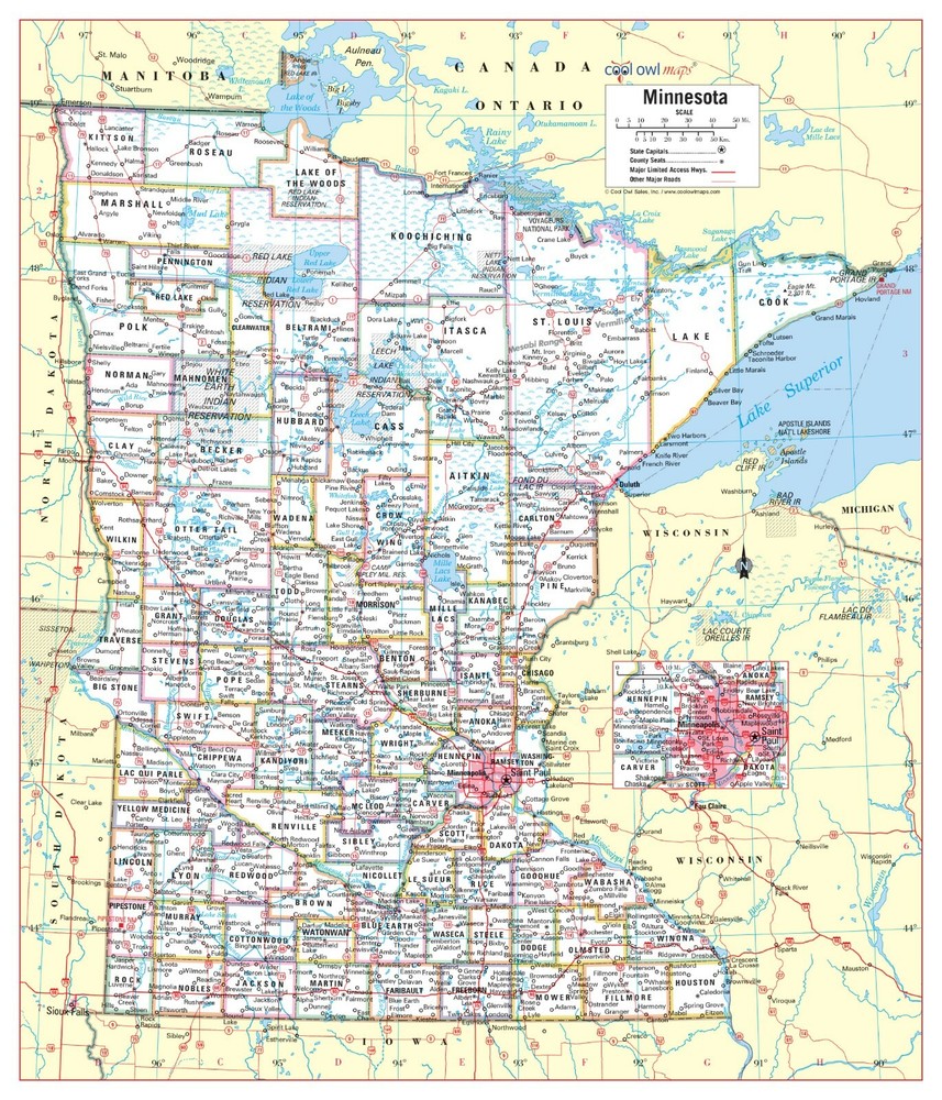 Minnesota State Wall Map Poster Large Print 24″Wx28″H
