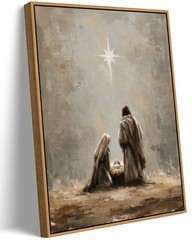 Framed Nativity Scene Canvas Wall Art,Beneath Bethlehem Star Manger Wall Deco…