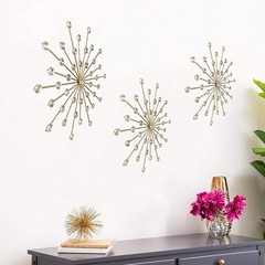 3 Pcs Gold Starburst Wall Art Decor 18in Metal with Rhinestones Set